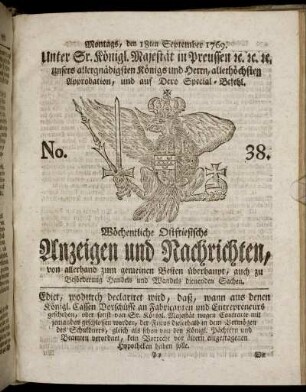 No. 38. Montags, den 18ten September 1769.