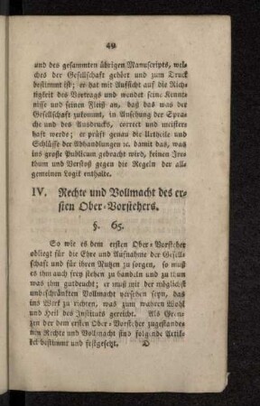 IV. Rechte und Vollmacht des ersten Ober-Vorstehers.