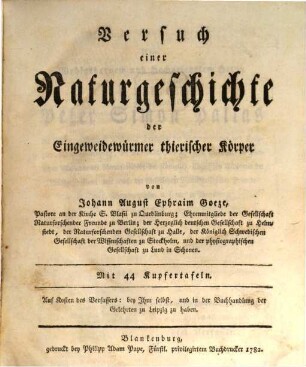 Versuch einer Naturgeschichte der Eingeweidewürmer thierischer Körper