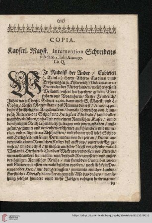 Copia Kayserl. Mayst. Interuention Schreibens