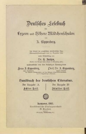 Teil 8 der Ausgabe A, Teil 5 d. Ausgabe B, [Schülerband]: Handbuch der deutschen Literatur