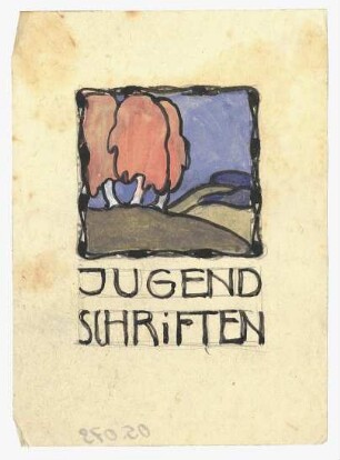 Entwurf Zeitschriftencover : Flächige Darstellung einer Landschaft mit Birken, darunter Text
