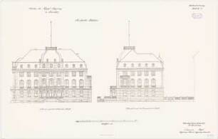 Geschäftsgebäude der Königlichen Regierung, Düsseldorf Präsidenten-Wohnhaus: Vorderansicht und Seitenansicht 1:100