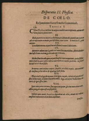 Disputatio II. Physica. De Coelo. Respondente Isaaco Ernesto Crembsense.