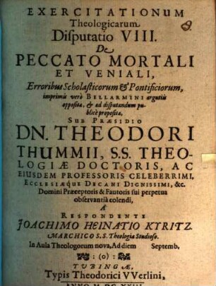 Exercitationum theologicarum disputatio VIII., de peccato mortali et veniali