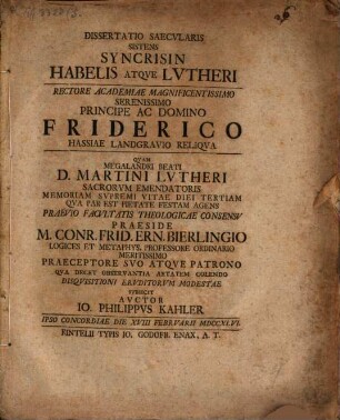 Dissertatio saecularis sistens syncrisin Habelis atque Lutheri