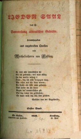 Lieder-Saal : das ist: Sammelung altteutscher Gedichte aus ungedruckten Quellen, 1