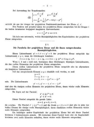 § 1. Die Parabeln der projektiven Ebene und die ihnen entsprechenden Mannigfaltigkeiten.