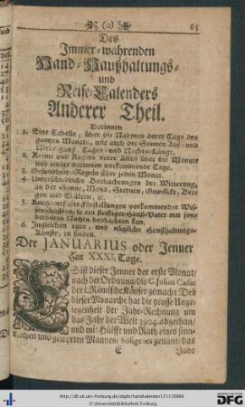 Des Immer-wärenden Haußhaltungs- Reise- und Hand-Calenders Anderer Theil.
