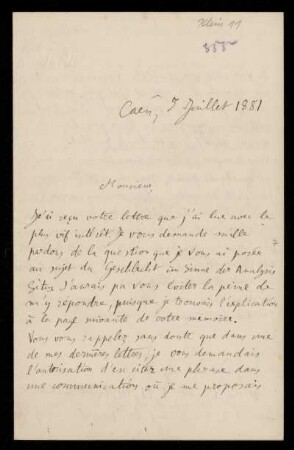 Nr. 4 (= Nr. 355) Brief von Henri Poincaré an Felix Klein. Caen, 5.7.1881