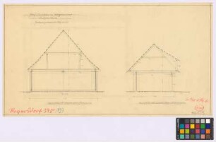 Reyersdorf ([Landkreis Habelschwerdt]): Hof Jaschke. - Scheune (Querschnitt). - Schuppen (Querschnitt)