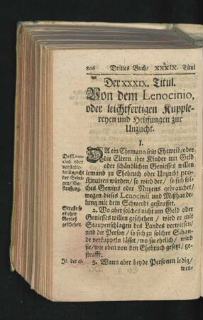 Der XXXIX. Titul. Von dem Lenocinio, oder leichtfertigen Kupplereyen und Helffungen zur Unzucht.