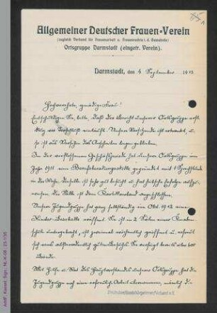 Brief der Ortsgruppe Darmstadt an Helene Lange