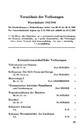Verzeichnis der Vorlesungen Winterhalbjahr 1942/43