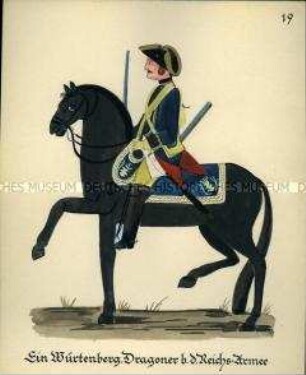 Uniformdarstellung, Dragoner, Herzogtum Württemberg, 1760/1761. Kopie der Originaltafel 19 aus Becher: Wahrhaftige Nachrichten.