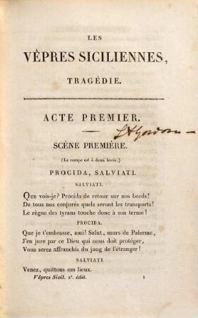 Les vêpres siciliennes : tragédie en cinq actes, précédée du discours d'ouverture du Second Théatre français
