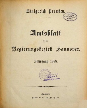 Amtsblatt für den Regierungsbezirk Hannover. 1888