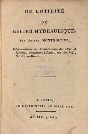 De l'utilité du Belier hydraulique