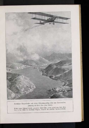 Türkischer Doppeldecker auf einem Erkundungsflug über den Dardanellen. : Zeichnung von Prof. Max Zeno Diemer.
