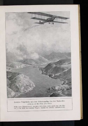 Türkischer Doppeldecker auf einem Erkundungsflug über den Dardanellen. : Zeichnung von Prof. Max Zeno Diemer.