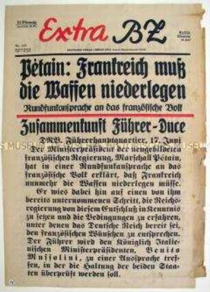 Sonderausgabe der Berliner Tageszeitung "B.Z. am Mittag" zum Aufruf Pétains zur Kapitulation Frankreichs