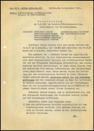 Niederschrift; Besprechung am 03.09.1941 im RLM