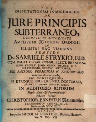 Disputationem Inauguralem De Jure Principis Subterraneo