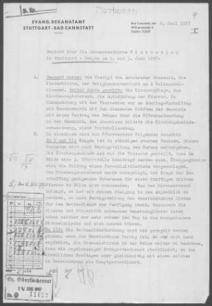 Wangen (Stuttgart): Visitationsberichte mit Pfarrbericht 1957