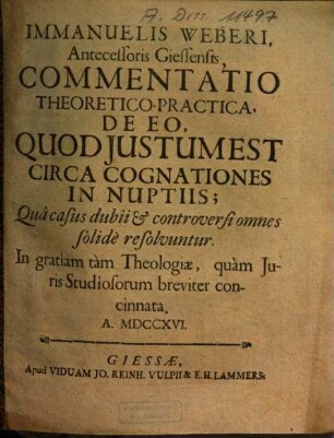 Commentatio theoretico-practica de eo, quod iustum est circa cognationes in nuptiis
