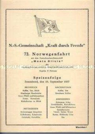 Speiseplan und Tagesprogramm für den 18. September - Sachkonvolut