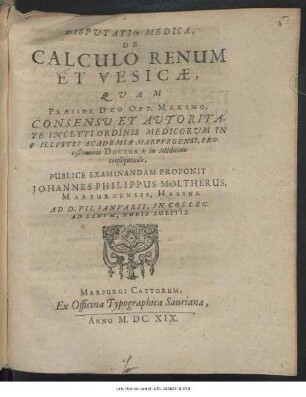 Disputatio Medica, De Calculo Renum Et Vesicae