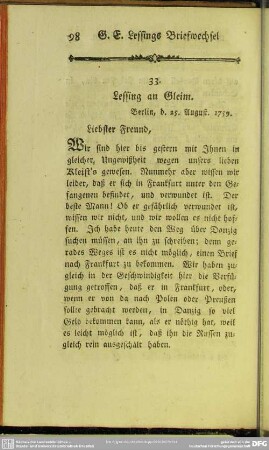 33. Lessing an Gleim. Berlin, den 25. August 1759