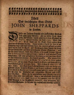 Des berüchtigten Spitz-Buben in London, John Sheppards, lasterhafftes Leben und Schändliches Ende : Aus dem Englischen in das Teutsche übersetzet