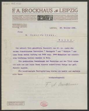 Brief an B. Schott's Söhne : 20.10.1909