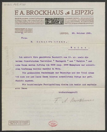 Brief an B. Schott's Söhne : 20.10.1909