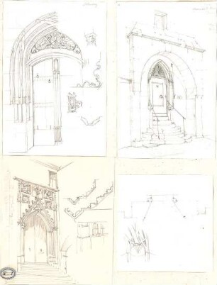Lange, Ludwig; Lange - Archiv: IV.2 Gotik in Deutschland - Portale, u. a. Obere Wöhrd Str., Nürnberg (Grundriss, Ansichten, Perspektive, Details)