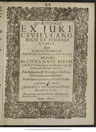 Quaestiones Es Iure Civili, Canonico Et Feudali Desumtae