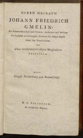 Herrn Hofrath Johann Friedrich Gmelin,[...]