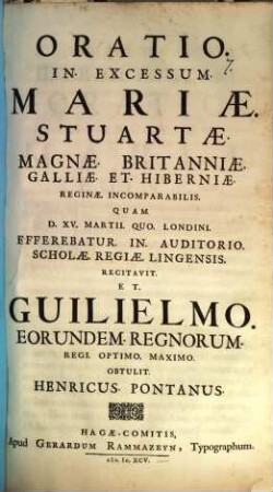 Oratio in excessum Mariae Stuartae, Magnae Britanniae, Galliae et Hiberniae reginae incomparabilis