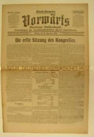 Zentralorgan der SPD "Vorwärts" zur ersten Sitzung des Kongresses der Arbeiter- und Soldatenräte