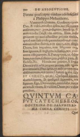 Quintum Caput Catecheseos, Doctrina De Saluberrima Coena Christi.