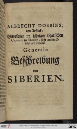 Albrecht Dobbins, von Rostock [...] Generale Beschreibung von Siberien