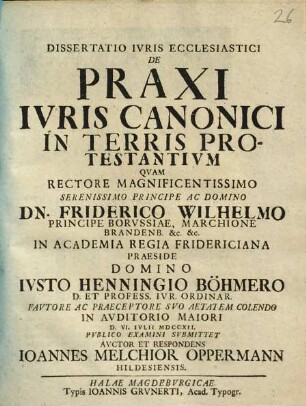 Dissertatio Ivris Ecclesiastici De Praxi Ivris Canonici In Terris Protestantivm