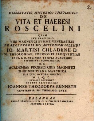 Dissertatio historico-theologica de vita et haeresi Roscelini