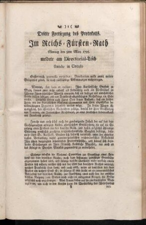 Dritte Fortsezung des Protokolls : Im Reichs-Fürsten-Rath Montag den 9ten März 1795. meldete am Directorial-Tisch stando in Circulo