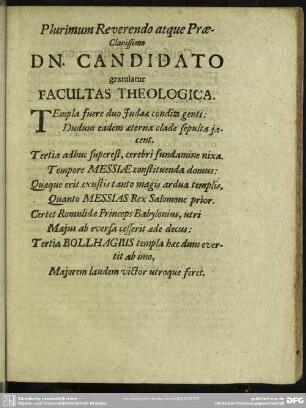 Plurimum Reverendo atque Prae-Clarissimo Dn. Candidato gratulatur Facultas Theologica