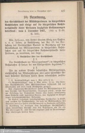 10) Verordnung, den Gerichtsstand der Militärpersonen in bürgerlichen Rechtssachen und einige auf die bürgerlichen Rechtsverhältnisse dieser Personen bezügliche Bestimmungen betreffend : vom 4. December 1867