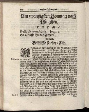 Am zwantzigsten Sonntag nach Pfingsten. Thema. Reliquit eum febris. Joan. 4. Es verliesse ihn das Fieber? Innhalt. Geistliche Fieber-Cur