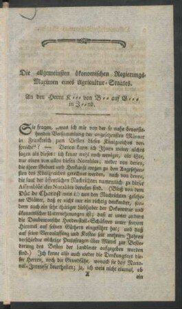 Die allgemeinsten ökonomischen Regierungs-Maximen eines Agricultur-Staates