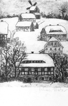 Oderwitz-Oberoderwitz. Ort und Neumannmühle, Radierung von Godwin Weber, Zittau, Repro
